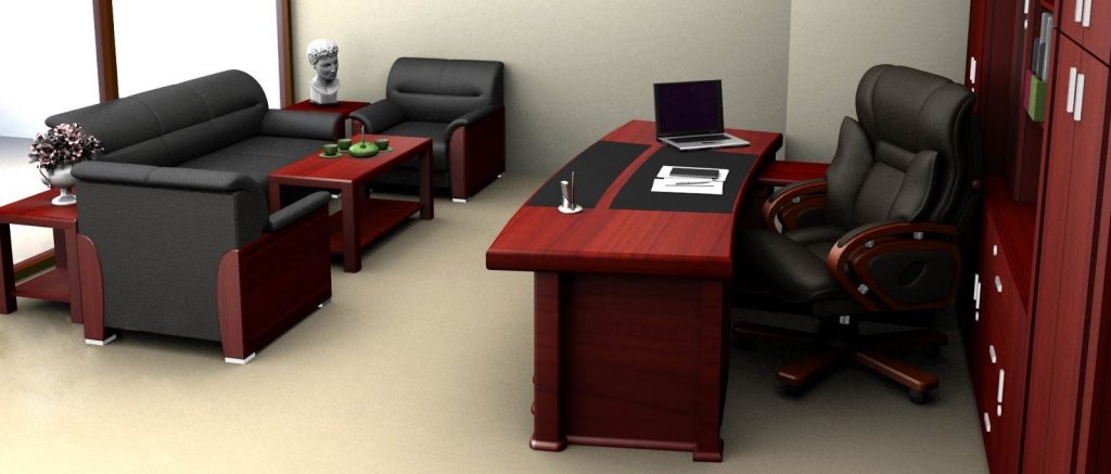 Sử dụng gỗ căm xe đồng bộ cho văn phòng từ kệ sách, bàn trà. Một không gian hài hòa, nổi bật tổng thể.